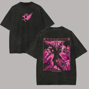 Vintage Acid Washed Black Oversized Fantasy Streetwear T-Shirt with Pink Exotic Demon Art, Prince of Excess Quote & Vibrant Grunge Aesthetic, Bold Dark Urban Print 100% Cotton Unisex Tee
