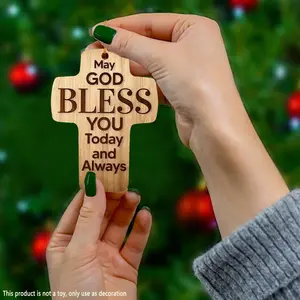 2D Flat Wooden Cross Pendant - 'May God Bless You Today and Always' Car Rearview Mirror Decoration, Keychain or Backpack Charm | Elegant Font Design | Versatile Religious Symbol for Home, Party, or Christmas Decor, 2D Flat