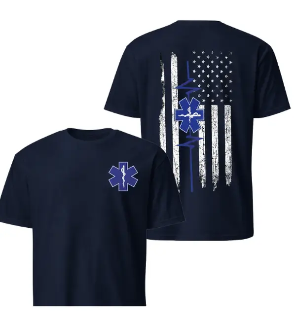 **EMS American Flag T-Shirt – Emergency Medical First Responder Graphic Tee, Paramedic Rescue Shirt, Heartbeat Front Back Print Unisex Gift**