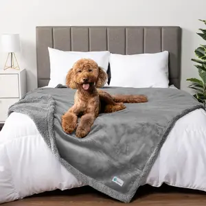 Petami Waterproof Dog Blanket for Couch, Queen 90X90, Pee Proof Sherpa Fleece Reversible Pet Throw, Furniture Protector for Bed Sofa, Soft Washable Cover for Large Dogs Cats, Light Grey PetAmi