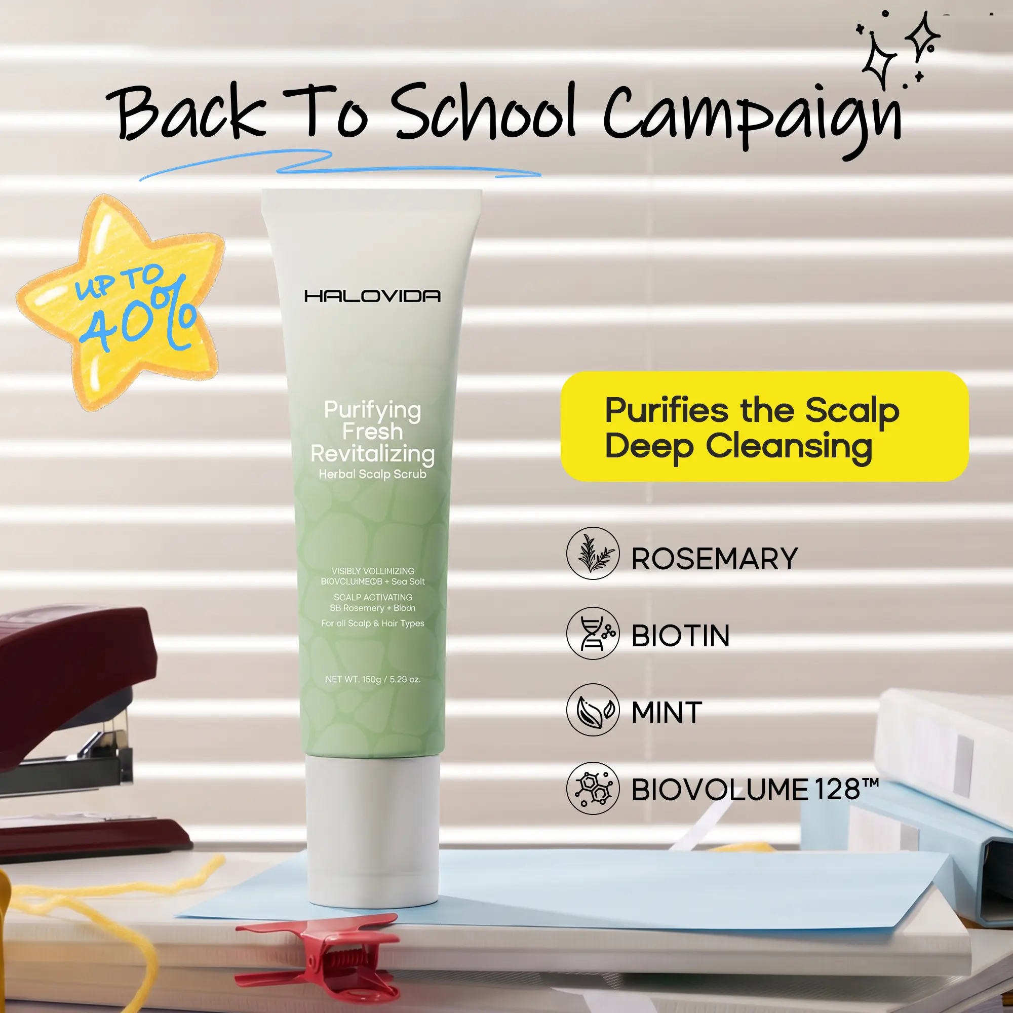 Halovida BIOVOLUME128, Biotin, Rosemary Mint Herbal Scalp Scrub Shampoo for Scalp Calming, Natural Volume Boosting, Deep Cleansing & Hair Refreshing All-in-One,Gentle,Paraben-Free, Gentle Formula, #backtoschool, 150g