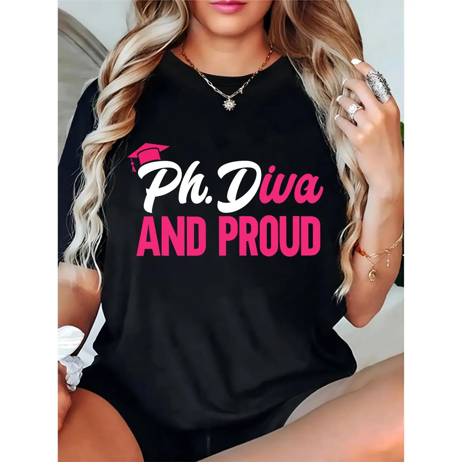 Women's Ph.Diva & Proud Graduation T - Shirt with Pink Grad Cap | Ideal for PhD Graduation, Academic Celebrations, Female Scholars & Diva Grads | Casual Comfortable Tee for Grad Season & Commencement