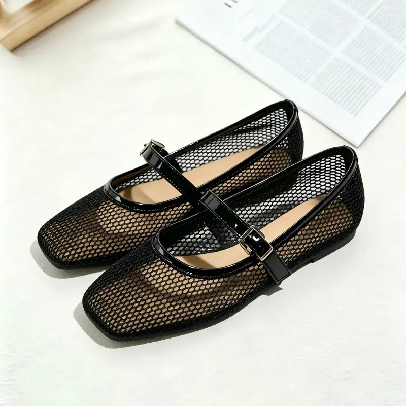 Women's Mary Jane Shoes, Mary Jane Footwear, Breathable Mesh, Square Toe, Lightweight Anti-Slip Sole, Fashionable for Daily Wear, Summer Style, Retro College Look