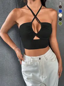Women's Solid Color Halter Neck Tie Back Crop Top, Cropped Halter Top, Casual Fashion Sleeveless Top for Daily Wear, Ladies Clothes for All Seasons, Womenswear