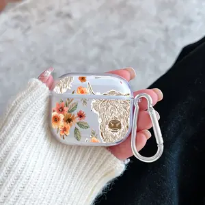 Bull and Blooms Pattern TPU Soft Protective Case for Apple AirPods 4/3/2/1/Pro/Pro2 Transparent Earphone Cover with Keychain Attachment