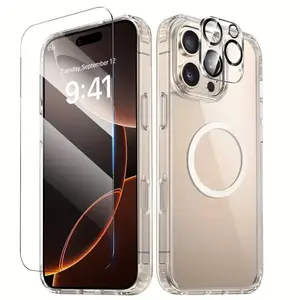 3 in 1 Transparent Magnetic Phone Case with Screen Protector & Camera Lens Cover, Full Body Shockproof Phone Protective Cover for iPhone