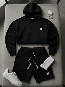 Men's 2-Piece Heavyweight Hooded Tracksuit, Oversized Embroidered Loungewear Set, Sweat Shorts, Streetwear Essential for Summer