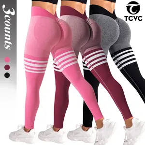 TCVC Sports Striped Linen Color High Waist Crinkled Women's Yoga Leggings High Stretch Seamless Tights For Indoor & Outdoor Workout Abdomen Control Shaping Peach Butt Casual Versatile 3 Counts