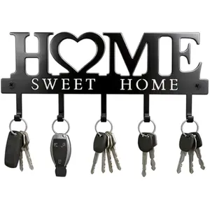 Home Sweet Home Wall Mounted Key Holder Organizer with 5 Hooks Metal Key Rack for Wall Organization Space-Saving Entryway Organizer for Keys Coats and Dog Leashes Home Decor Black