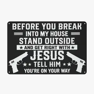 Bold Gun Rights Patriotic Wall Art, “Stand Outside & Get Right With Jesus” Funny Metal Tin Sign, Matte Rustic Farmhouse Decor for Home Garage Man Cave, Palette&Wall, 8×12 Inch