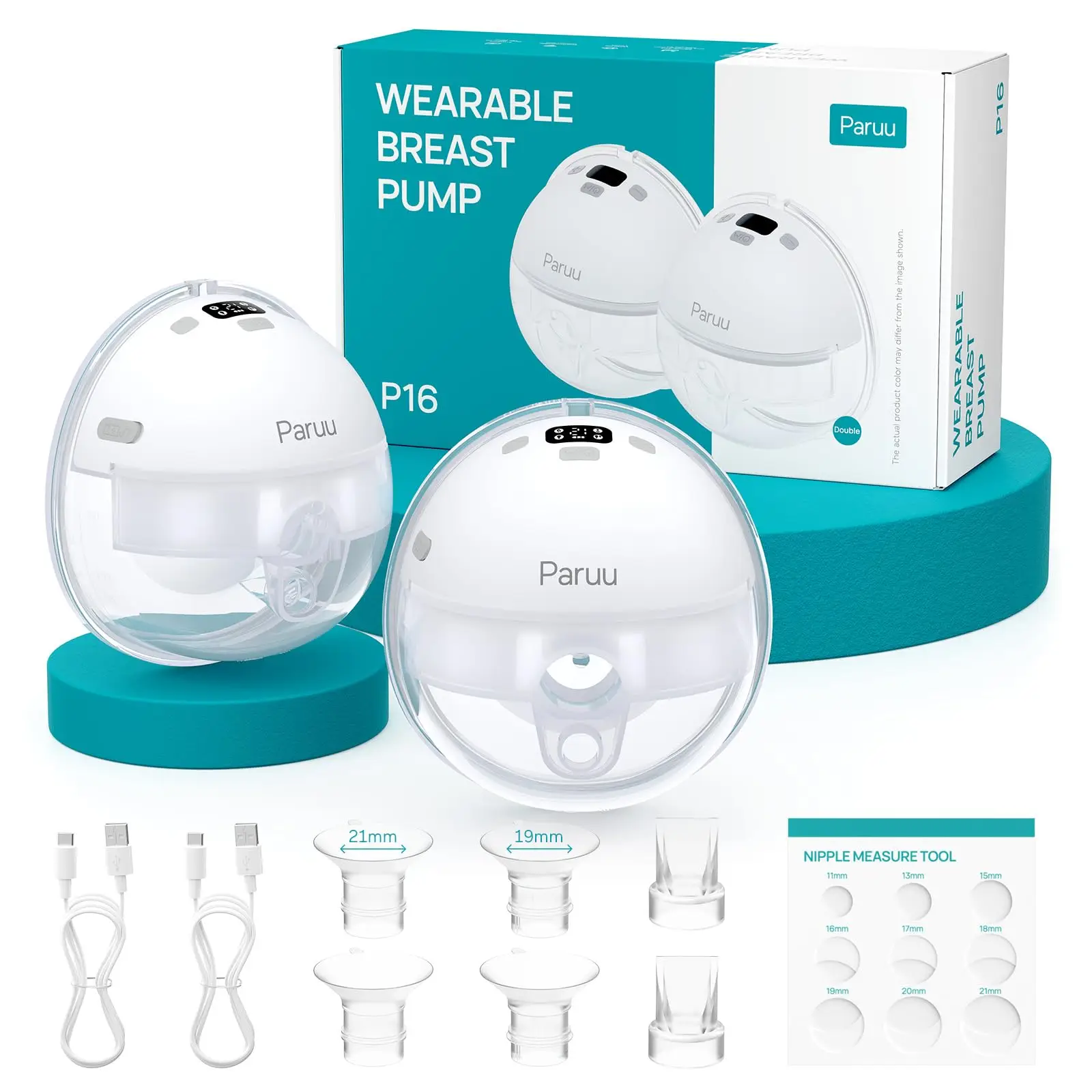 Paruu Hands Free Breast Pump P16, Wearable Breast Pump Electirc Portable with 4 Modes & 12 Levels, Max 309mmHg Strong Suction 19/21/24mm Flange Insert