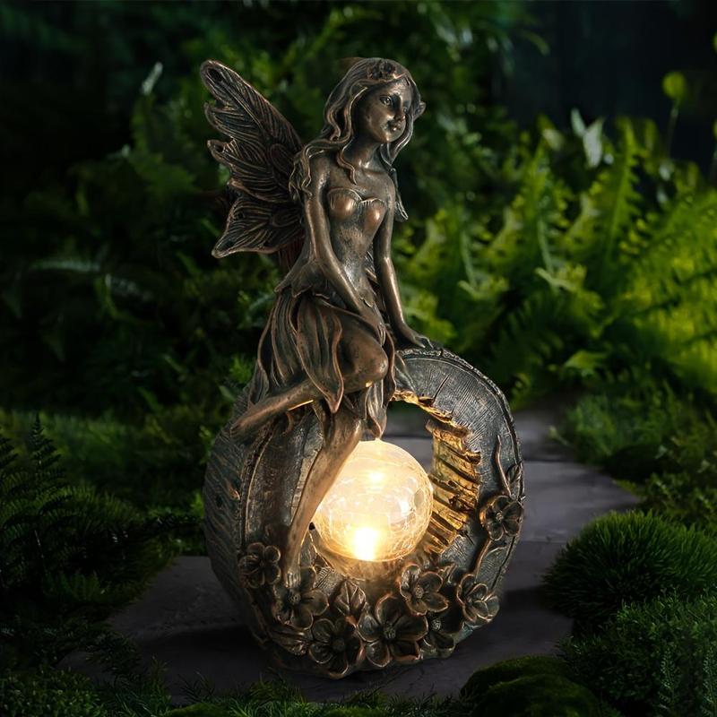 10.7 Inches Garden Outdoor Statue, Flower Fairy Decor, Solar Powered Resin Figurine, Light Sculpture For Yard Lawn Patio Balcony Decoration, Housewarming Gift