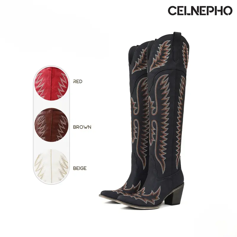 CELNEPHO Cowboy Boots for Women Pointed Toe Chunky Block Heel Western Over the Knee Boot Vintage Embroidered Side Zipper Comfy Easy Pull on Party Casual Riding Country Wedding Outdoor Festival Fall Fashion Classic Long Tall Trendy Dressy Cowgirl Shoes