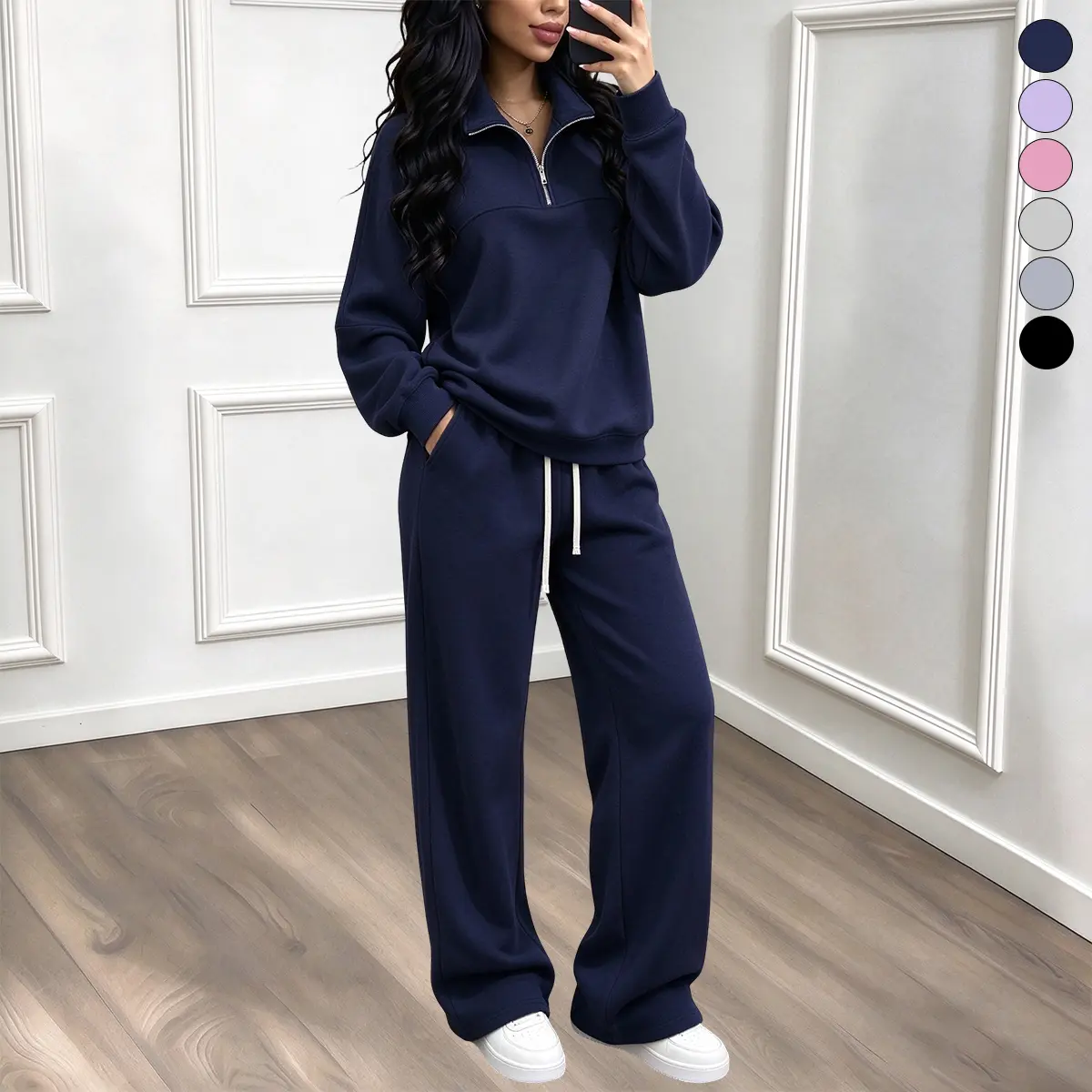 Women’s autumn/winter outfit set: long-sleeve half-zip jacket + fleece athletic pants, warm and insulated. Jacket zips up; suitable for sports, fitness training, outdoor activities, indoor wear, home, and streetwear.