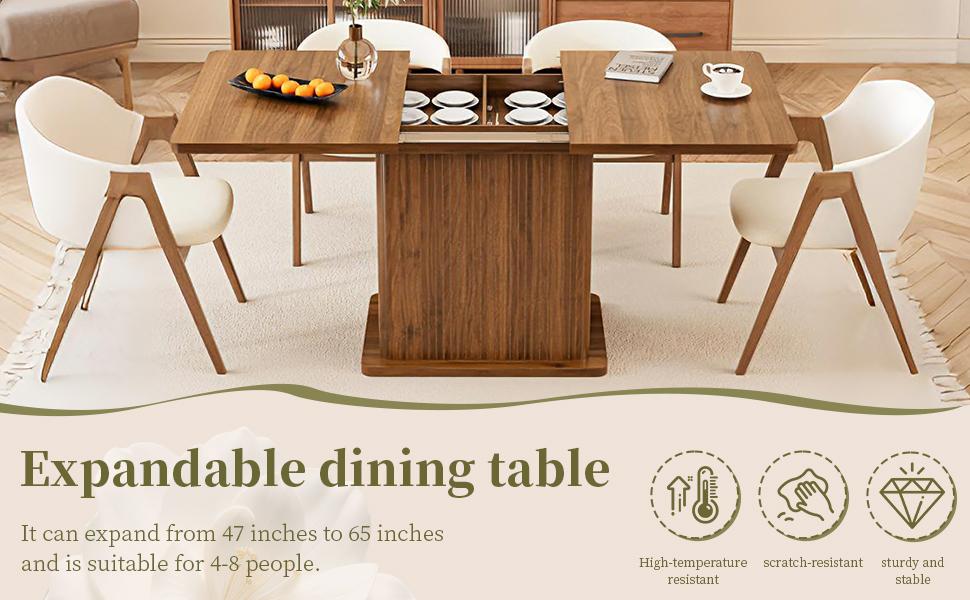 Mid Century Modern Extendable Rectangular Dining Table - Extensible Size, 4-6 Seats, 47-65in Space-Saving Kitchen Furniture, Fluted Design with 2 Storage Doors, Rectangular Statement Dining Room Furniture