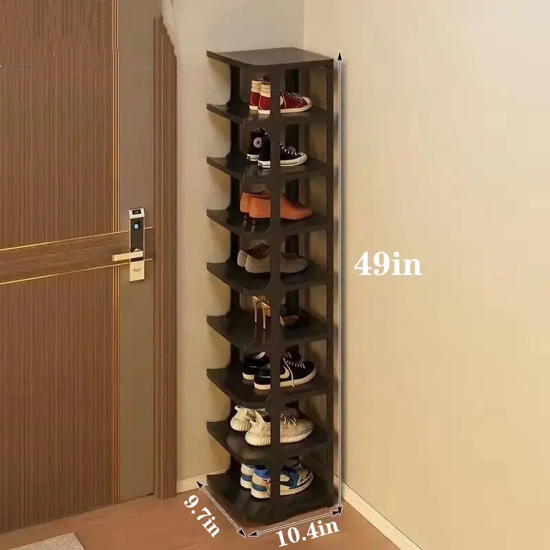 9-tier vertical narrow shoe rack, stackable and solid structure. Tall slim shoe shelf fits entryways, front doors and closet corners for neat shoe storage.