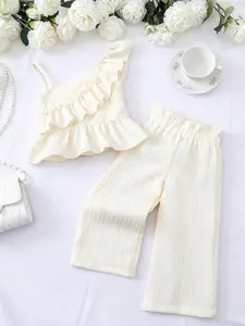 Girls' Summer New Ruffle Strap Wide Leg Pants Set, Sleeveless Top with Multi-Layer Ruffles, Solid Color, Sweet Casual Style, Ages 3-8