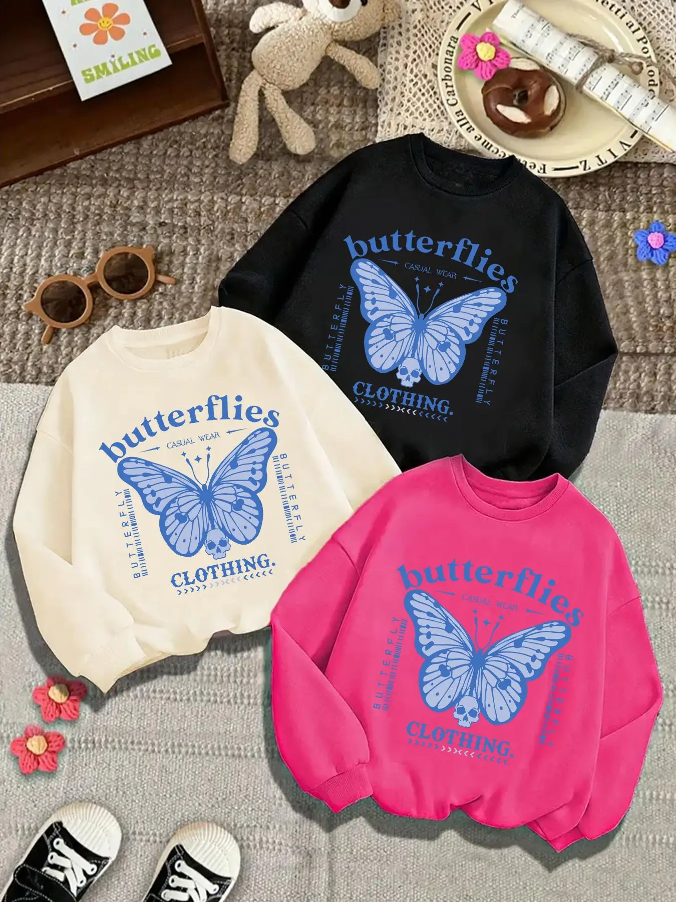 Girl's Butterfly & Letter Print Crew Neck Sweatshirt, Casual Long Sleeve Round Neck Pullover for Fall & Winter, Kids Clothes for Daily Wear, Trendy To