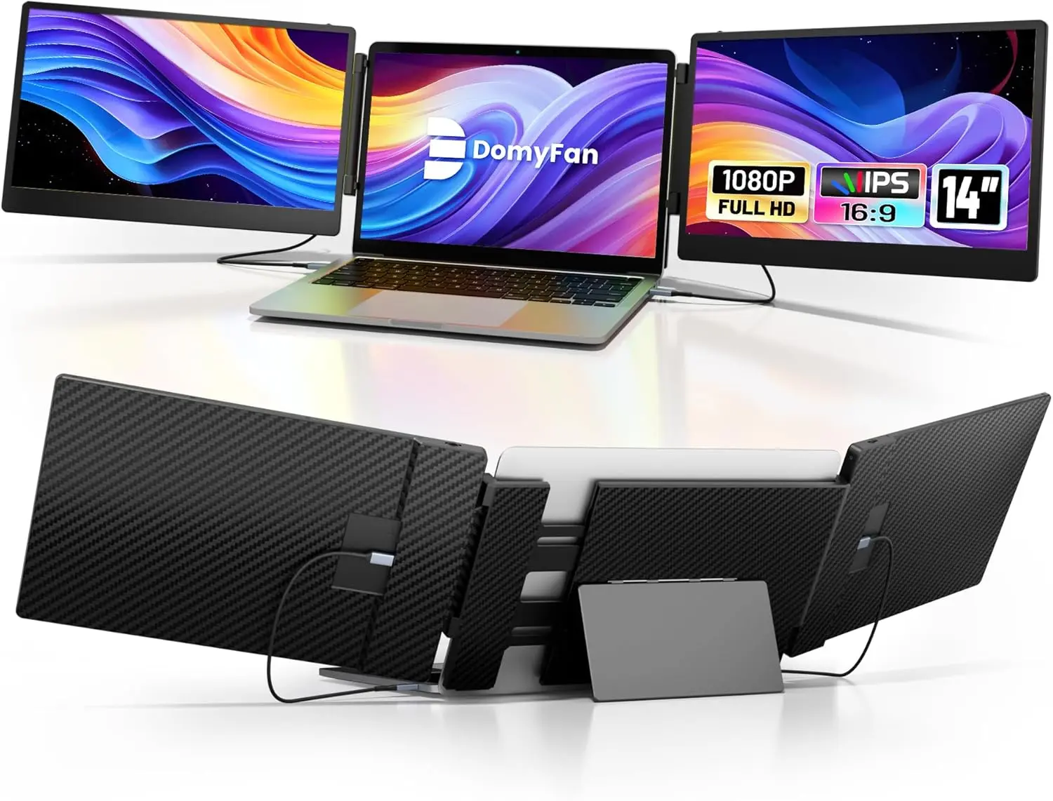 domyfan 14" Laptop Screen Extender, S3 FHD 1080P IPS Triple Portable Monitor Laptop, HDMI/USB-A/Type-C Compatible with Windows/Mac/Android