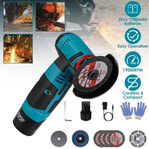 Cordless Mini Angle Grinder- 2x12V 1100mAh Batteries , 19000RPM Motor, Air Vents for Heat Dissipation - Includes Cutting Wheels/Saw Blade/Sanding Disc for Metal/Wood/Tile Power Tools Tool Kit Portable