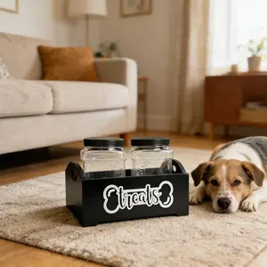 【AURA & LSlE】Large-capacity pet food storage solution, retro wooden pet food storage box, wooden dog treat rack, and two plastic treat storage boxes.