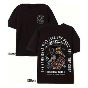 Men's Restless Souls Plague Doctor Graphic Tee | Double-Sided Print Vintage Cotton T-Shirt | Comfort Oversized Casual Outfit | Halloween Easter Gift for Him/Her, Valentine's Day Present, Fashion Gothic Streetwear