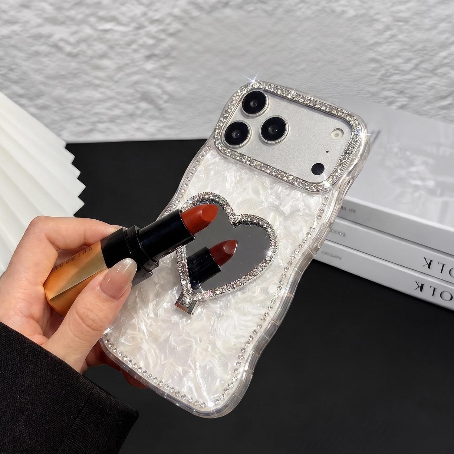 Glitter Mirror Case for iPhone 17/16 15 14 13 Pro Max,Cute Luxury Shiny Diamond Heart Makeup Mirror Bling Sparkly Rhinestones Thin Soft Case for Women Girls