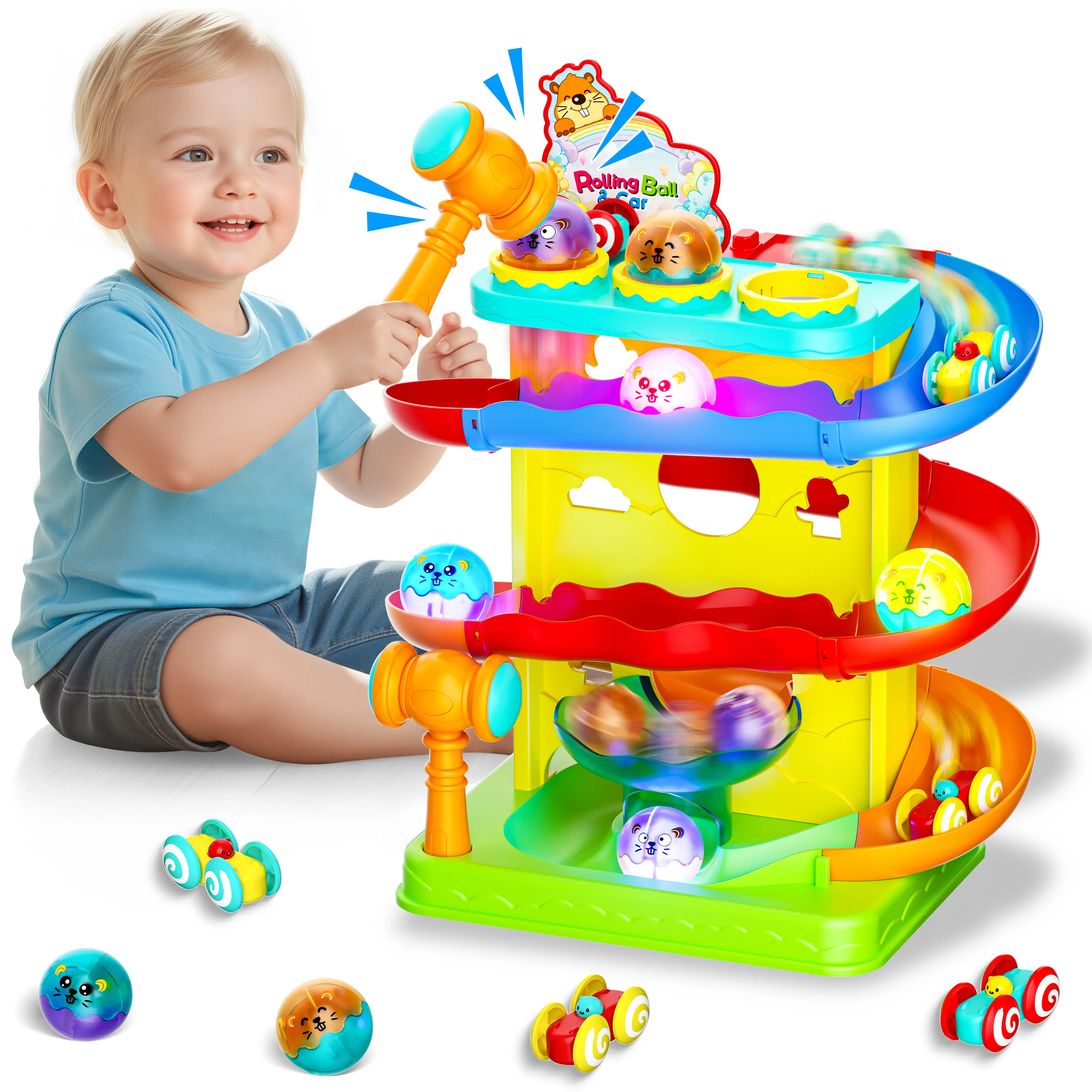 [Children's Day gift] 2-in-1 Rolling Ball & Racing Car Ramp Toy for Toddlers, Race Track with Hammer Lights Ball Drop, Interactive Montessori Learning Game, Birthday Gift Idea for Kids Ages 2–5+, Girls & Boys, Summer Vibes