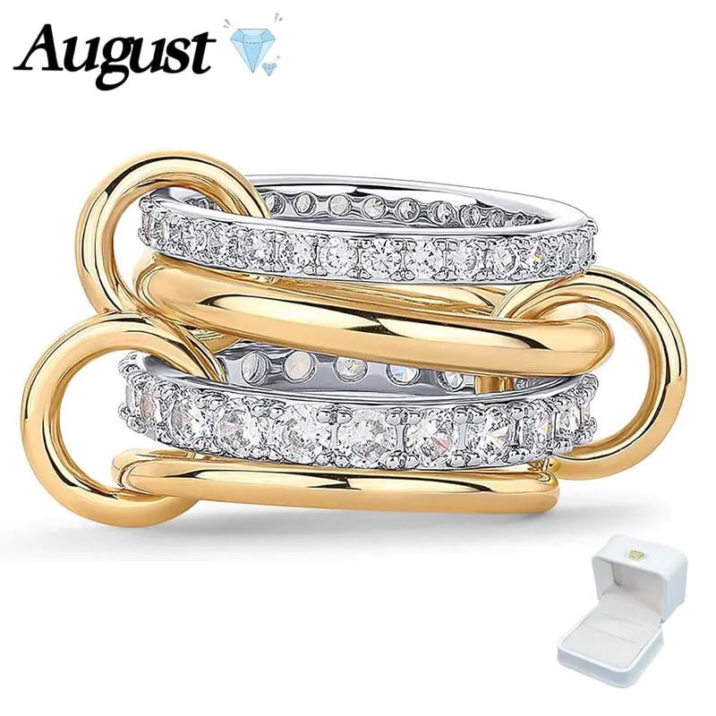 Women's cubic zirconia four-in-one interlocking stackable ring two-color multi-ring mixed stacking wedding wedding ring with gift box packaging, Artificial Gemstone Ring, Gift Jewelry