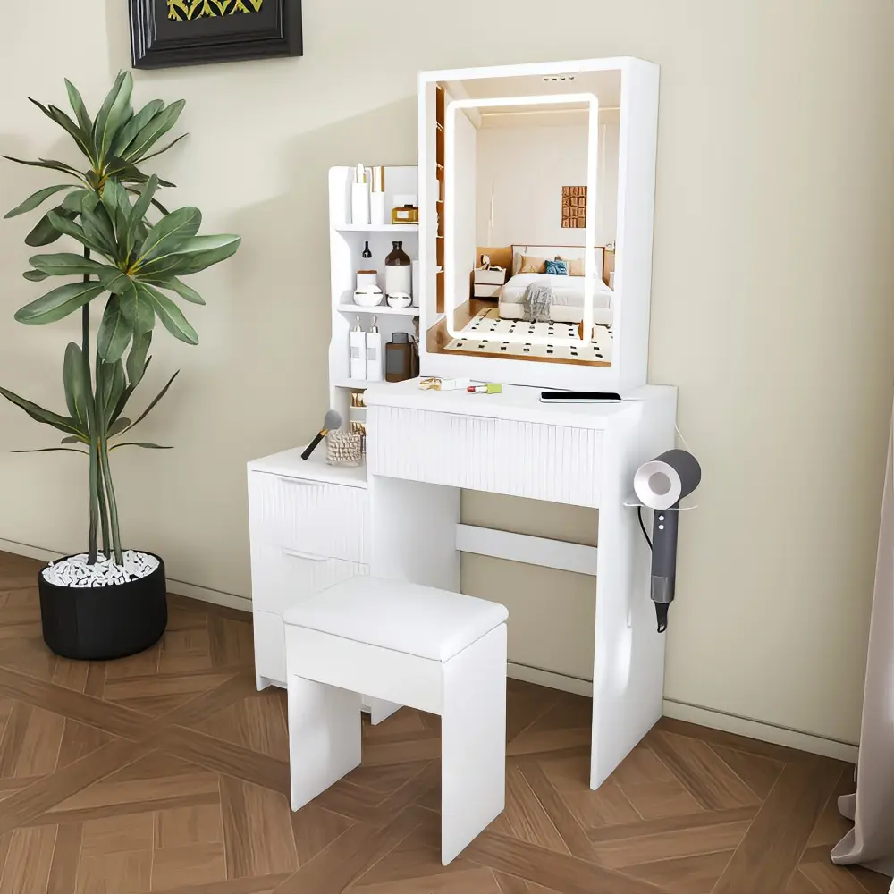 Modern White Makeup Vanity with Illuminated Mirror and Storage Shelves for Bedroom or Bathroom