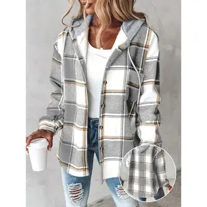 [Plaid Shacket] Warm Plaid Long Sleeve Shacket - Button Fleece Lined Hooded Jackets Coat Fabric Womenswear Polyester Tops..