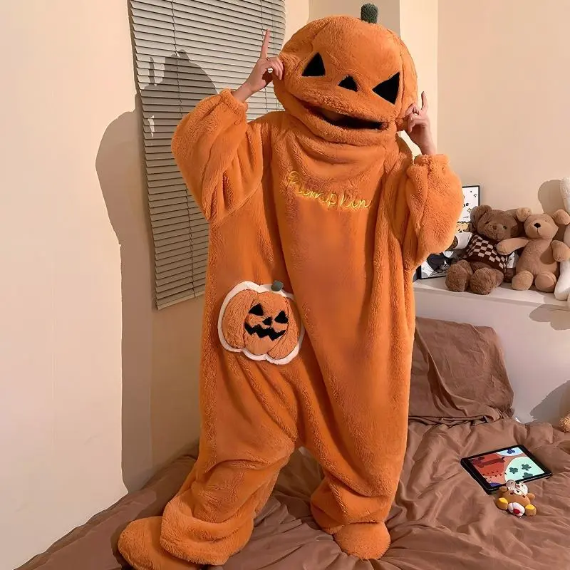 Adult Pumpkin Plush Onesie Pajamas - Funny Halloween-Inspired Coral Fleece 1-Piece Sleepwear, Warm Winter Cozy Loungewear Outfit