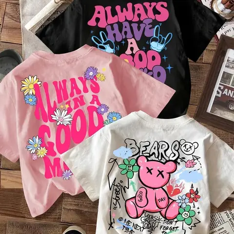Women's Floral & Letter Print Short Sleeve Tee Top, Casual Streetwear Round Neck Loose Fit T-shirt for Summer Breathable Summer Tee, Cute Summer Top, Ladies Clothes for Everyday Wear Womenswear