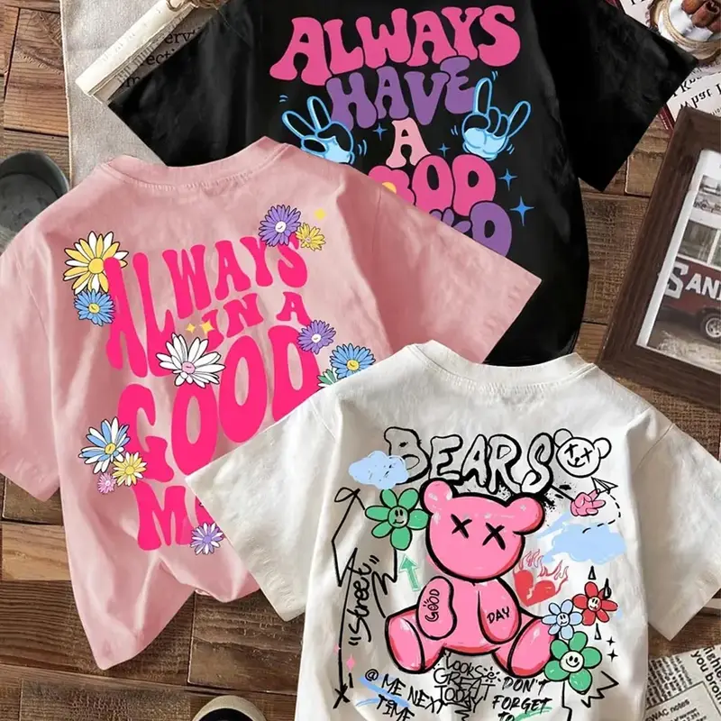 Women's Floral & Letter Print Short Sleeve Tee Top, Casual Streetwear Round Neck Loose Fit T-shirt for Summer Breathable Summer Tee, Cute Summer Top, Ladies Clothes for Everyday Wear Womenswear