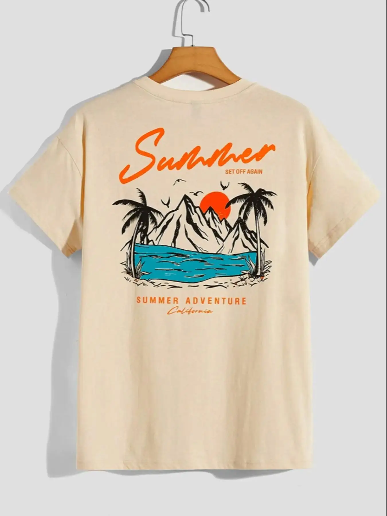 Men's Landscape & Letter Print Drop Shoulder Tee, Casual Stylish Streetwear Round Neck T-shirt for Daily Wear, Graphic Tees for Men, Graphic Tees, Com