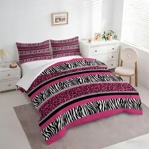 2/3Pcs Leopard & Zebra Print Comforter Set, Bold Wild Animal Stripe Quilt Bedding Set with Pillowcases, Pink Glam Y2K Style Bedding for Teen Girls Bedroom, Vibrant Trendy Home Decor
