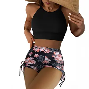 Aleumdr Women's Floral Print Drawstring Boyshorts Swimsuits Criss Cross Top Bikini Sets High Waisted Two Pieces Bathing Suits Beach Swimming Clothing Pink White