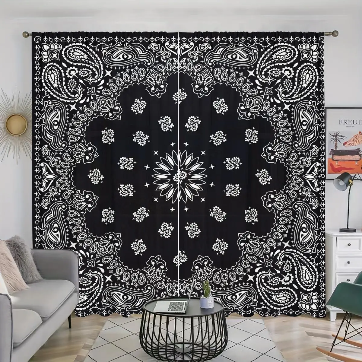 Bohemian Mandala Floral Printed Curtains, Indian Floral Design, Pole Pocket Style, Semi Sunshade Polyester Fiber, Easy Clean, Home Decor