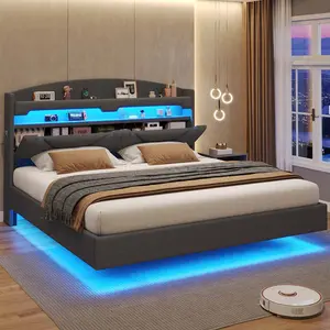 SIKAIC Modern LED Floating Bed Frame with Charging Station, Dark Grey Linen Upholstered Platform Bed, Smart Atmosphere Lights, No Box Spring Needed