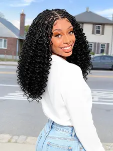 13x6 Lace Front Knotless Braided Wig, Curly Ends & Middle Parting, Lightweight Synthetic Protective Style for Women, Afro Curly Wig