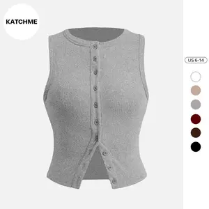 KatchMe Women's Basic Solid Color Round Neck Sleeveless Button-Up Tank Top, Comfort Casual Loose Slim-Fitting Top for Summer Daily Streetwear Holiday