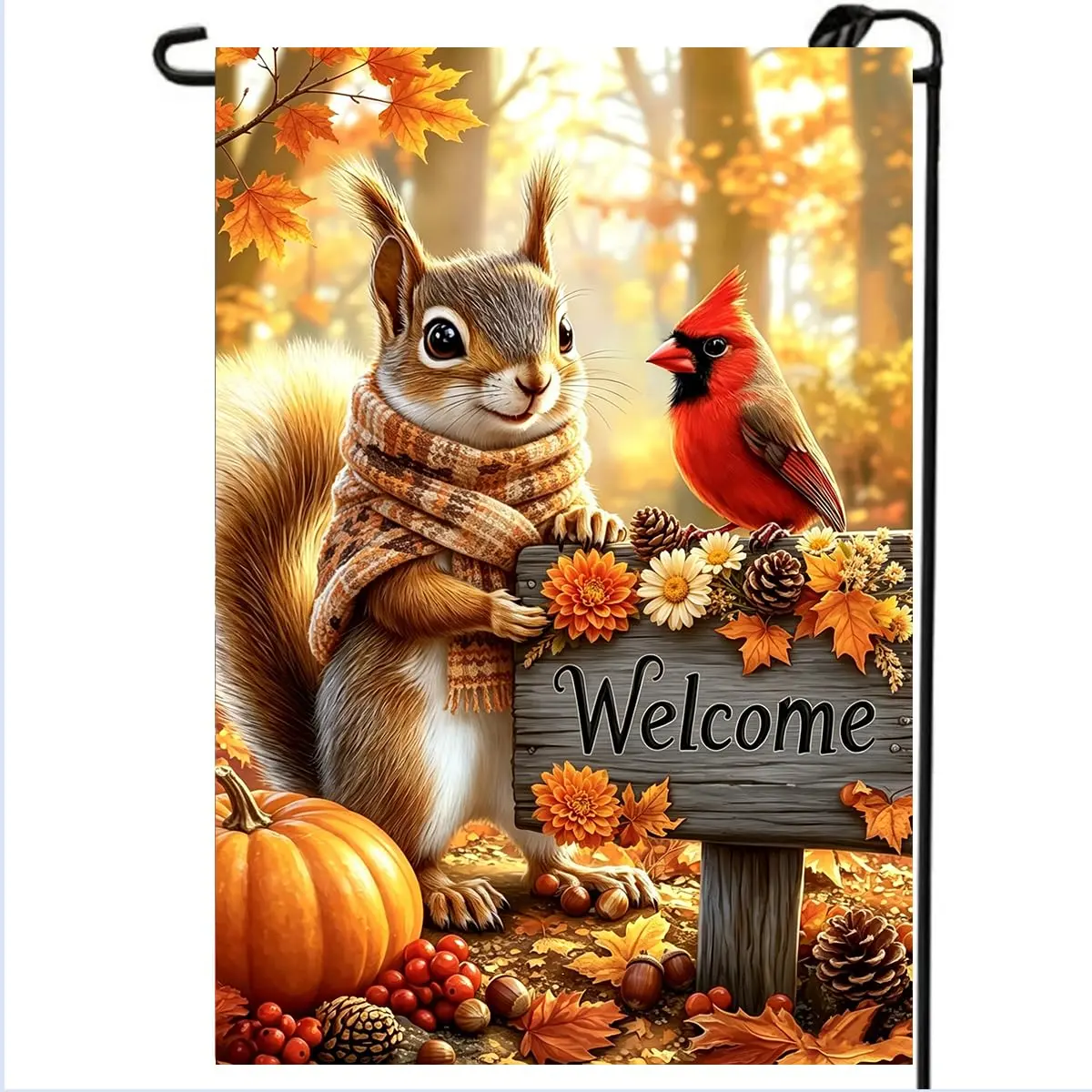 Welcome Fall Garden Flags for Outside 12x18 Double Sided Burlap Small Holiday Squirrel Cardinal Pumpkin Leaves Thanksgiving Yard Flag, Autumn Outdoor Yard Decorations for Outside Home