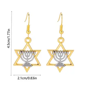 Gold Star of David Dangle Earrings with Silver Menorah Detail, Lightweight Hook Earrings, Unique Holiday Jewelry Gift