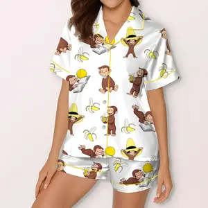 Funny Monkey Satin Pajama Set, Summer Animal Print, Luxury Sleepwear, Matching Beach Outfits, Group Beach Outfits, Team Beach