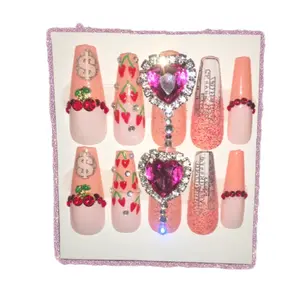 Cherries and Hearts Handmade Press-On Nails - Unique Design with Cherry and Heart Accents, Easy Application, Pink Finish