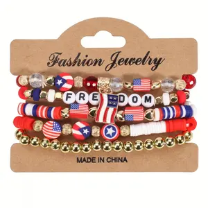 Fashion Jewelry 5pcs American Flag Theme Bracelets Independence Day Beaded Elastic Wristbands Red White Blue Flag-Shaped Pendant for Celebration