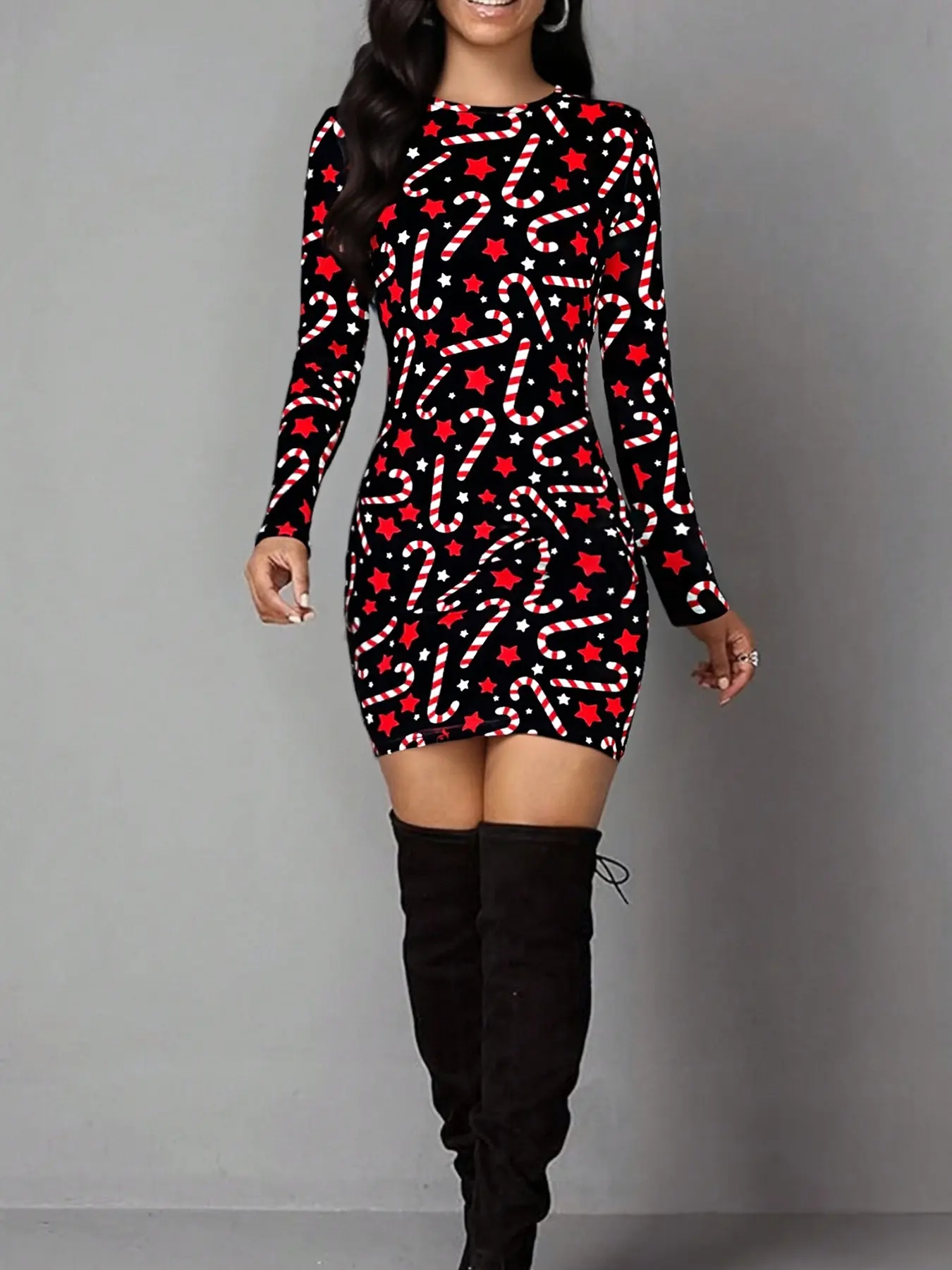 Women's Christmas Colorful Bulb Print Casual Chic Outfit Long Sleeve Dress,  Elastic Polyester Blend Backless Mini Bodycon Skirt for Daily & Party Wear,  Perfect New Year Fashion Outfit - TikTok Shop