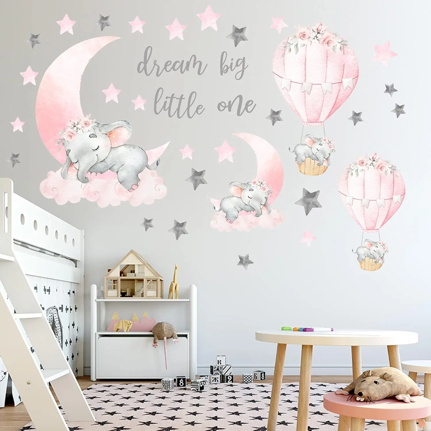 Dream Big Little One Elephant Wall Stickers, Pink Moon Hot Air Balloon Grey Stars Wall Decals for   Room Living Room Bedroom Decorations Home Decor