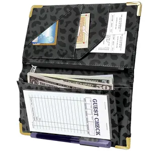 Expandable Server Book with Zipper Pocket High Volume Foldable Restaurant Waitstaff Organizer Fit Server Apron (Leopard-Black)