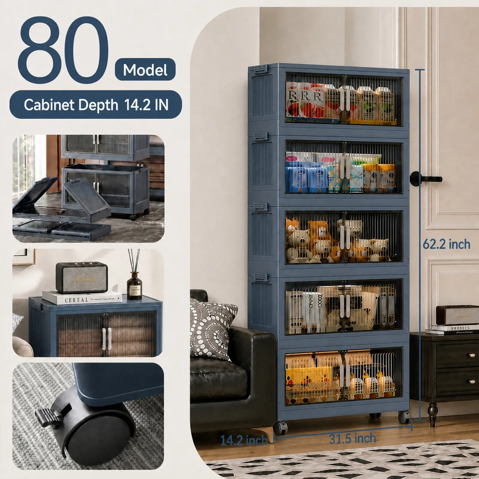 Modern Dark Grey Multi-Layer Storage Cabinet, Foldable Stackable Organizer with Lockable Brake Wheels, Large Capacity Household Container for Bedroom Living Room Tidying #RoomMakeover